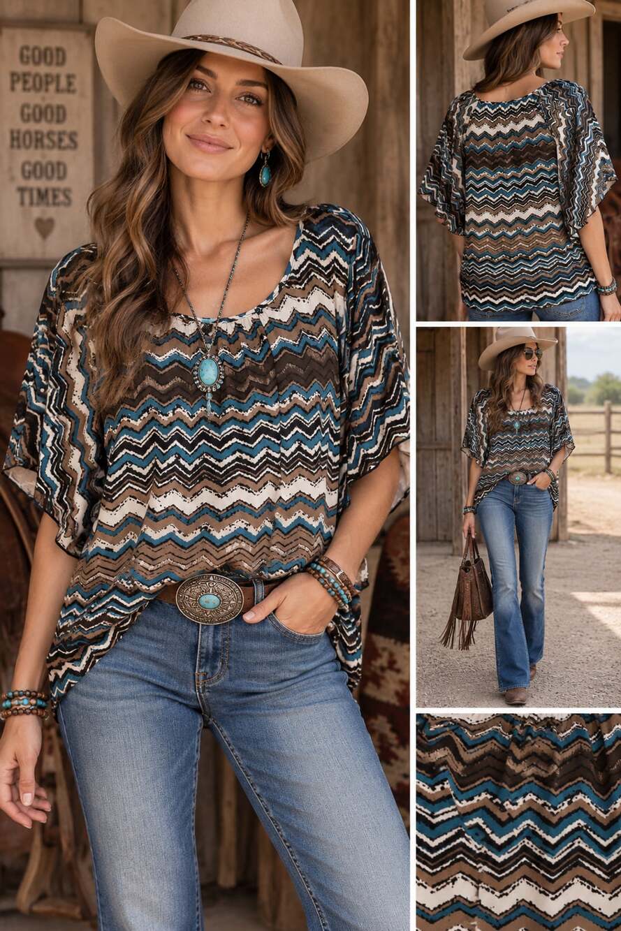 Tacera Chevron Blouse Size L 12-14 Teal Brown White Boho Flutter Sleeve